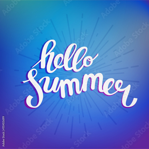 Hello summer. Poster on beach background. Handdrawn, lettering d