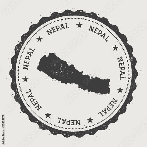 Vintage rubber stamp featuring a map of Nepal with circular text and stars, designed in a hipster style.