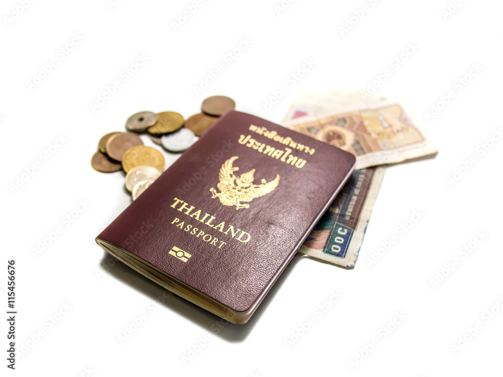 Isolated passport banknotes and coins Isolated passport banknotes and coins
