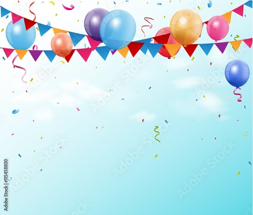 Colorful birthday bunting flags and balloons with space for your text