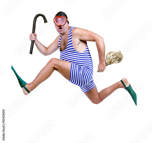 Man in swim dress running with snorkel isolated on white background