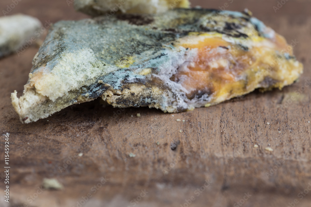 Mouldy bread on cutting board Mouldy bread on cutting board
