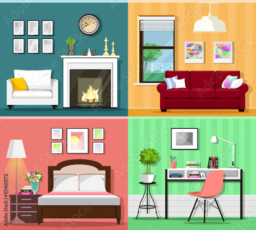 Set of colorful graphic room interiors with furniture icons: living rooms with sofa, window, armchair, fireplace; bedroom with bed and lamp; home office with desk, chair and flowerpot. Flat style.
