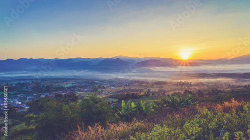 Landscape of Mountain views and Sunrise  Vintage filter effect u