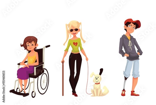 Group of disabled children, cartoon vector illustration isolated on white background. Special needs, handicapped kids. Girl in wheelchair, blind girl with stick and assistance dog, boy with prostheses