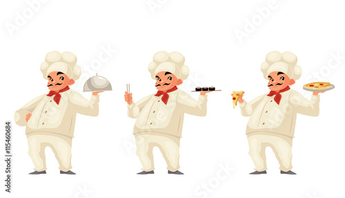 Chef serving food cartoon vector illustration isolated on white background. Respectable italian chef in hat and uniform serving dish sushi pizza. Set of same cook holding different dishes