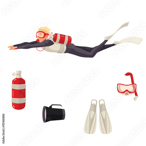 Scuba diving vector equipment, cartoon illustration isolated on white background. Diver and diving necessities goggles, oxygen tank flippers flashlight. Underwater sport scuba snorkeling equipment