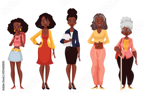 Set of black women of different ages from adolescence youth to maturity and old age, vector illustration isolated on white background. Various generations at African American women