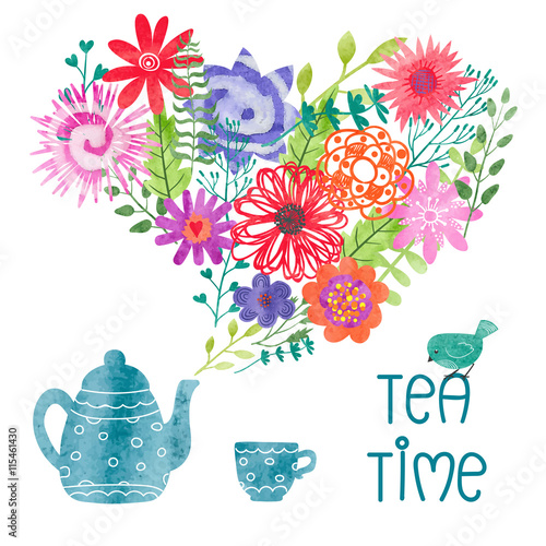 Watercolor tea time colorful vector illustration with teapot, cup and steam as flowers and leaves. 