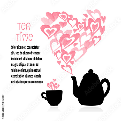 Tea time vector illustration. Silhouettes of tea cup and teapot with abstract steam as lots of hearts