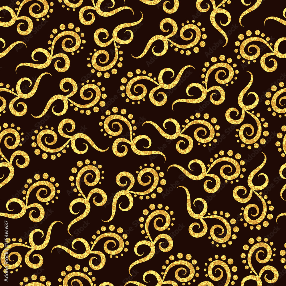 Abstract swirls seamless pattern in gold and black colors. Vector background. Abstract swirls seamless pattern in gold and black colors. Vector background.