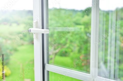 Window with view of summer backyard 