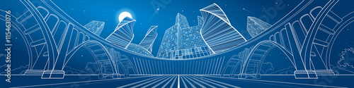 Big bridge, amazing panoramic night city, neon town. Industrial, architecture and infrastructure illustration. White lines landscape, vector design art