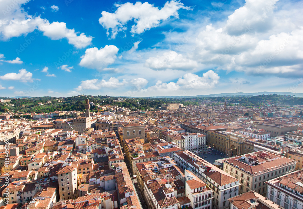 Florence cityscape with palazzo Vecchio and square of Republic under blue sky, Tuscany, Italy