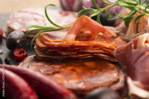 a pile of different spanish embutido, jamon, chorizo and lomo em photo