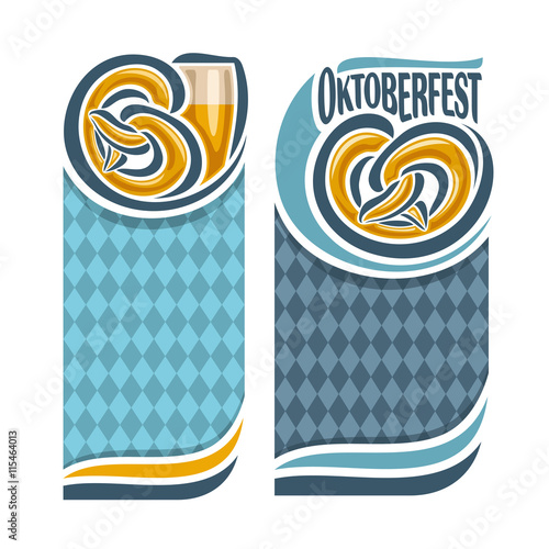 Vector logo ticket invitation for oktoberfest menu, 2 isolated vertical banners: pint beer mug lager and pretzel. Bavarian pattern Oktoberfest flag blue rhombus. Beer cup alcohol drink with Pretzel