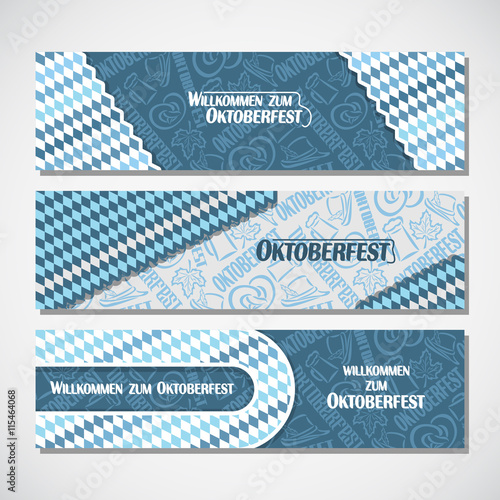 Vector horizontal banners bavarian pattern flag oktoberfest. On Background blue rhombus ticket invitation - symbols Oktoberfest: mug beer, pretzel, hat, leaf. Flyer bavaria fest, web panoramic header
