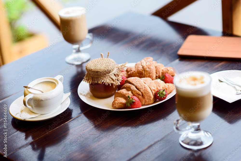 Romantic food with hot drink in cafe Romantic food with hot drink in cafe