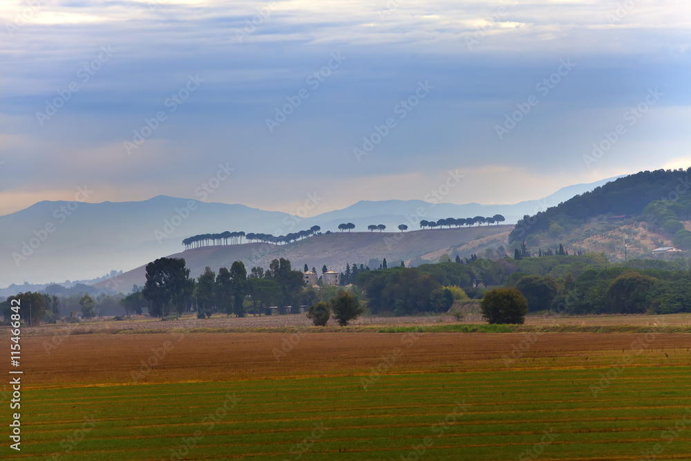 Italy. Green fields and mountains in morning fog.