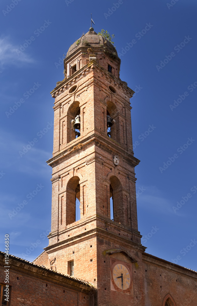 belltower on ancient building in Siena, Italy..