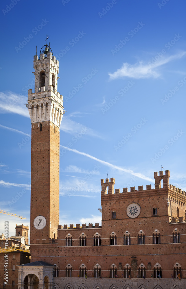 Campo Square with Mangia Tower, Siena, Italy..