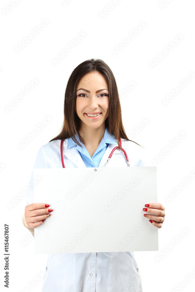 Portrait of young medical doctor with sheet on blank paper on a Portrait of young medical doctor with sheet on blank paper on a