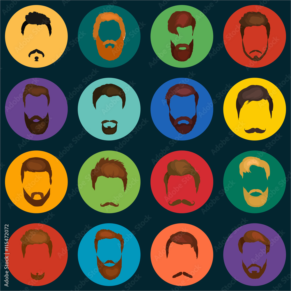 Mans trendy haircut types for barber shop. Isolated collection of mans beards design, haircut of head heir and mustaches.Hipster hair and beards, fashion vector illustration set. Hairstyle of beards