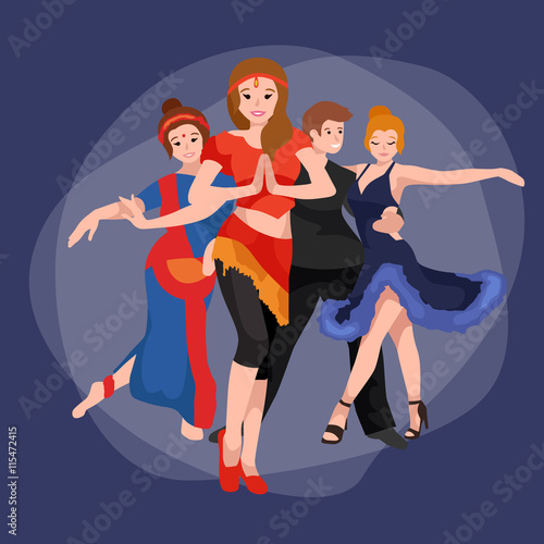Group of dancing people, yong happy man and woman dance together and in a couple, girl sport dancer, happy boy, dance background vector illustration pictogram isolated