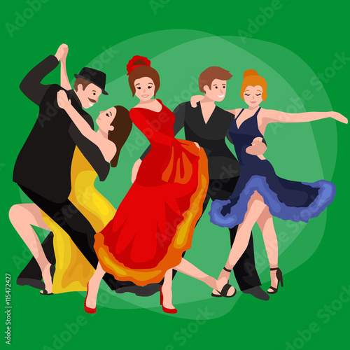 Girl flamenco dancer in red dress, spanish beautiful dance, spain young woman, Dancing couples, happy sexy woman dancing flamenco, Spanish girl vector illustration isolated on white