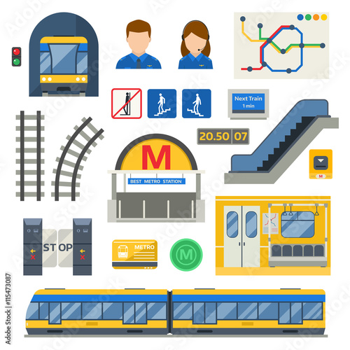 Metro underground symbols transportation concept set. Tunnel escalator car doors metro underground symbols transportation icon station. Track architecture entrance speed transit metro underground.