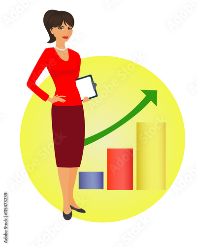 Political strategist is standing on the background of the rising graph.  Specialist in public relations,  coordinator, PR Manager and etc.  Isolated vector illustration. Vertical location.