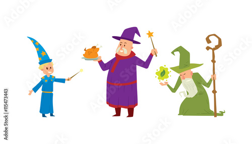 Magicians and wizards imagination, wich human performance magician and mystery wizards show. Magicians and wizards illusion show old man imagination, performance character vector.