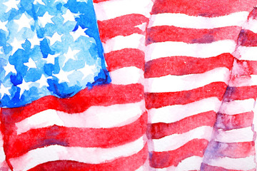 Watercolor painting of American national flag, close up