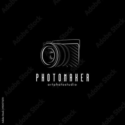 Isolated black photo camera vector illustration. Photographer equipment logo.