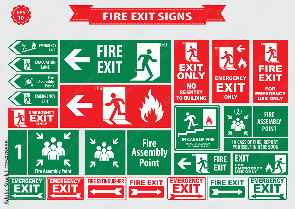 Set of emergency exit Sign (fire exit, emergency exit, fire assembly