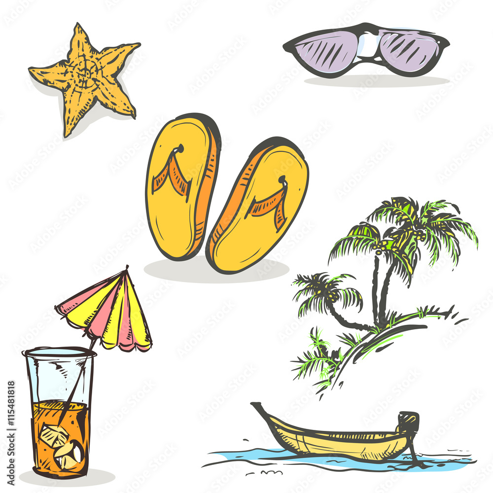hand drawn vector beach set of flip-flops, coconut, palm, umbrella, sunglasses, starfish, ice, juice, glass. vector eps 8 hand drawn vector beach set of flip-flops, coconut, palm, umbrella, sunglasses, starfish, ice, juice, glass. vector eps 8
