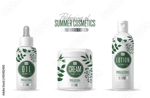 Organic cosmetic brand vector packaging template, body care product. Oil, lotion or soap, shampoo, cream. Realistic bottle mock up set, isolated pack on white background.