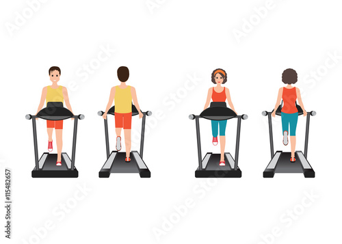Young adult man and woman running on treadmill.