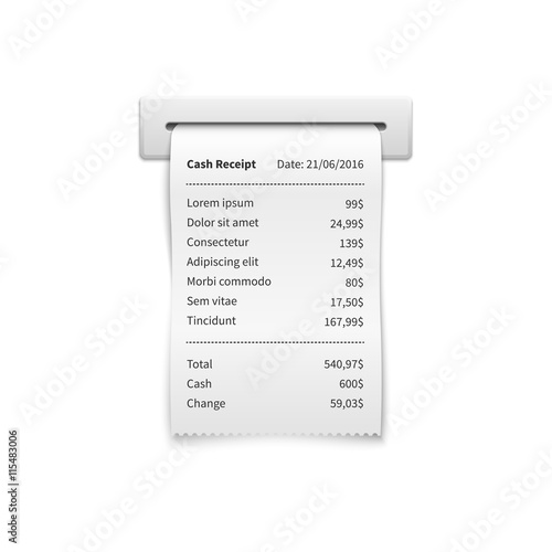 Sales printed receipt, shopping paper bill atm vector mockup. Paper check and financial check isolated