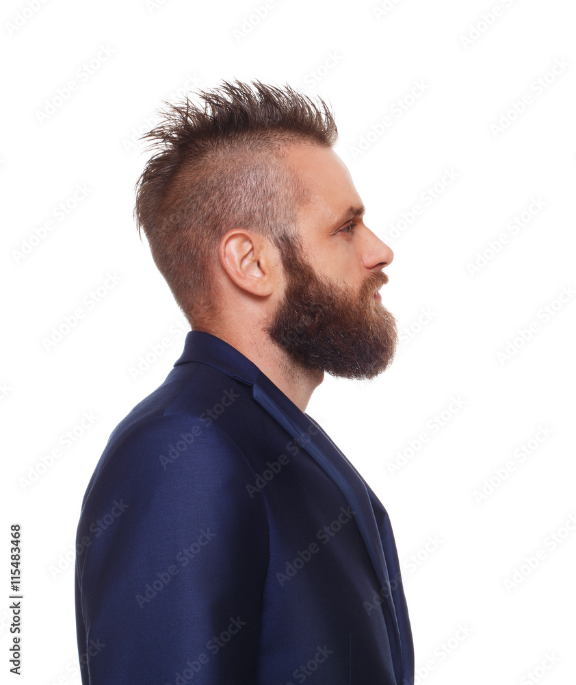 Fototapeta premium Young bearded man profile portrait isolated at white