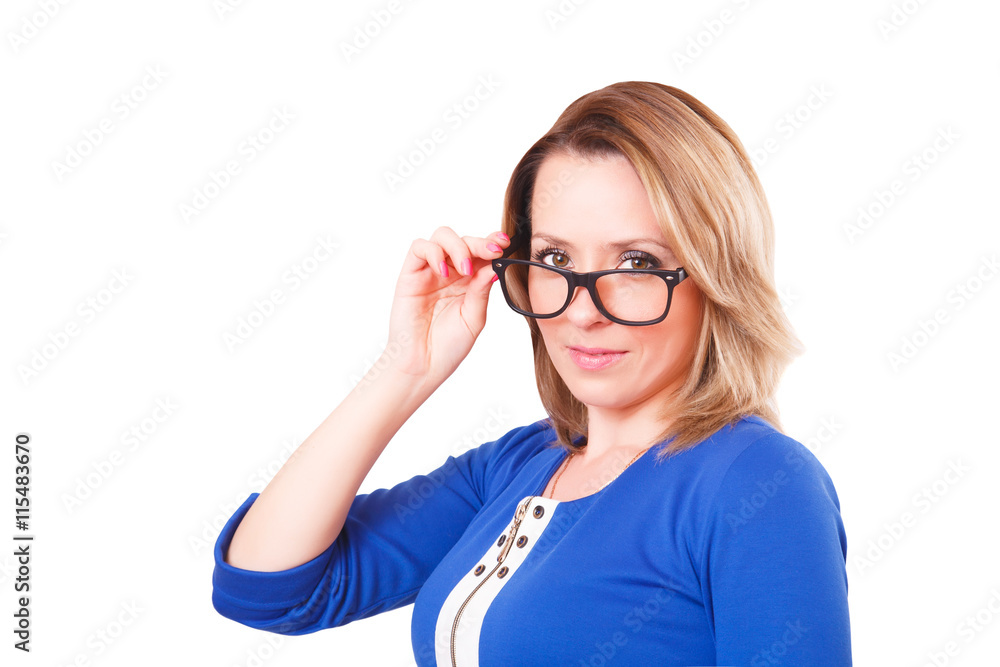 Portrait of a woman in glasses and blue dress