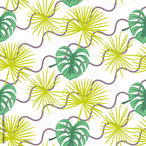 Monstera tropic plant leaves green seamless pattern on purple zig zag waves. Exotic nature pattern for fabric, wallpaper or apparel. © YoPixArt