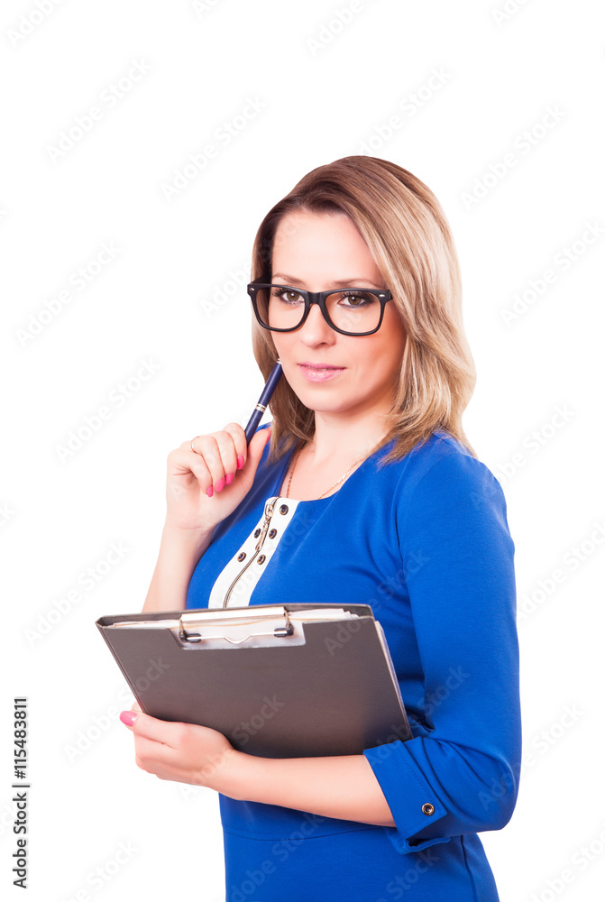 Portrait of a woman in glasses and with folder in her hands Portrait of a woman in glasses and with folder in her hands