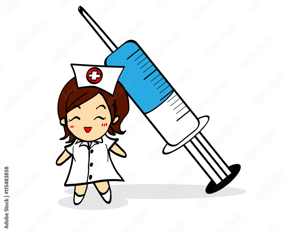 Smiley Nurse and syringe with blue medicine cartoon character Stock ...