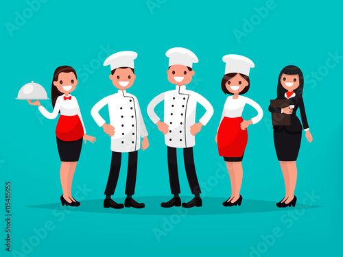 Restaurant team. Chef, cook, manager, waiter. Vector illustratio