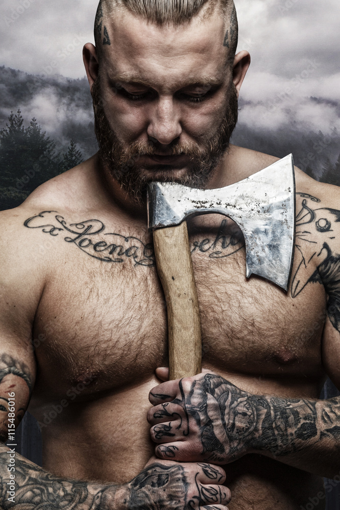 Portrait Of Tattooed Male With Vikings Axe Stock Photo Adobe Stock Portrait Of Tattooed Male With Vikings Axe Stock Photo Adobe Stock