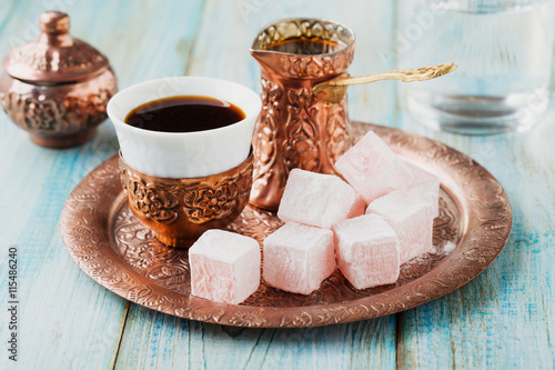 Traditionally brewed Turkish coffee. Specified in the original c photo