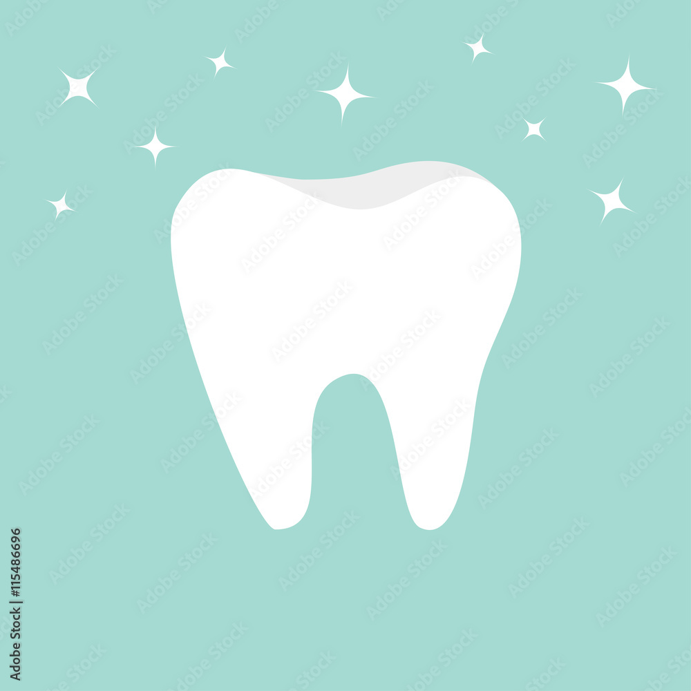 Tooth icon. Healthy tooth. Oral dental hygiene. Children teeth care. Shining effect stars. Tooth health. Blue background. Flat design.