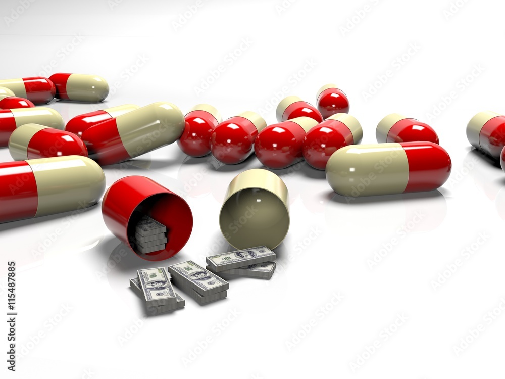 Tablets of banknotes, as the concept paid and expensive medicine, 3D rendering