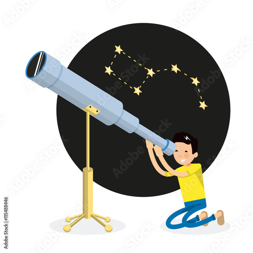 Cool guy vector character looks through a telescope and sitting